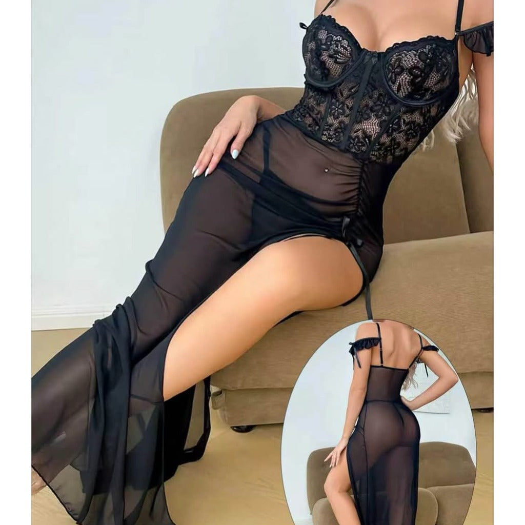 EL-VYN SECRET Lace Corset-Style Sheer Babydoll Dress