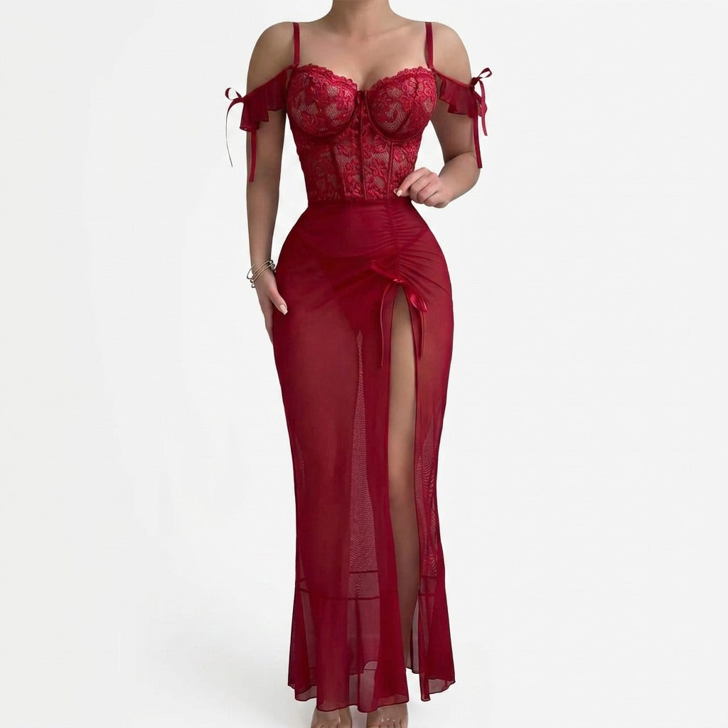 EL-VYN SECRET Lace Corset-Style Sheer Babydoll Dress