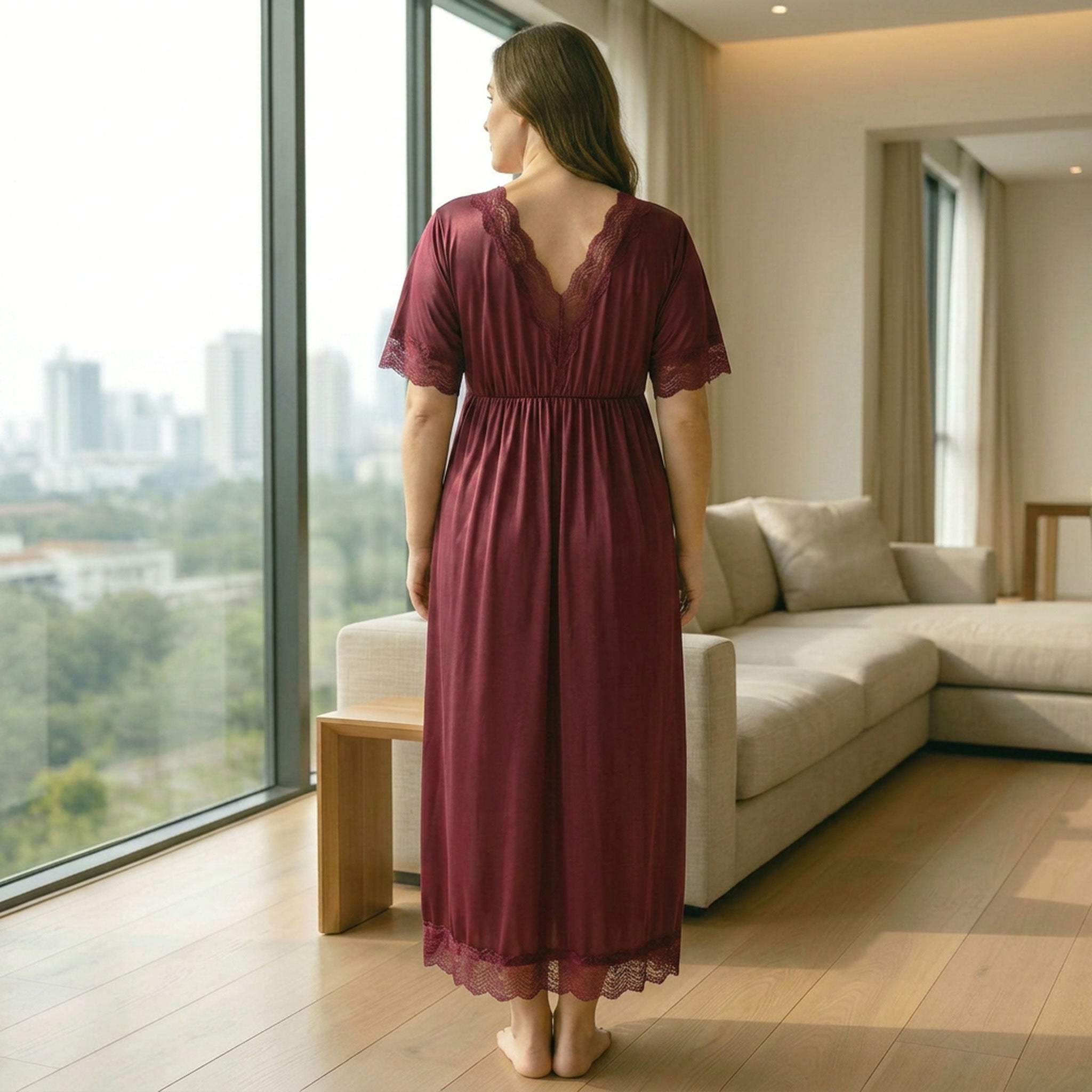 Lace-Trim Satin Maxi Nightgown — Plus Size