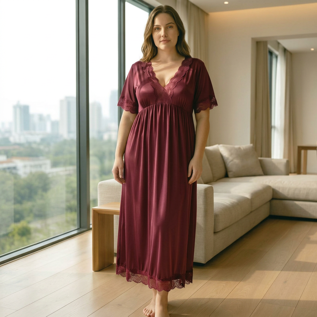 Lace-Trim Satin Maxi Nightgown — Plus Size